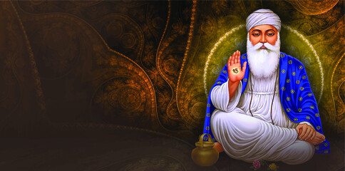 Guru Nanak Dev Ji Maharaj on Gold Background GuruNanak jayanti web banner Vector Waheguru - obrazy, fototapety, plakaty