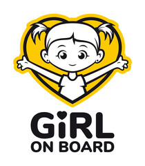 Vector yellow symbol heart with the inscription: Girl on board. Picture of a little girl with ponytails. Isolated on white background.