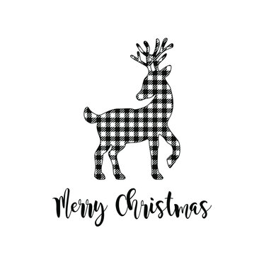 Vector Deer silhouette drawing illustration with Buffalo White Black Gingham Lumberjack tartan Checkered plaid pattern background texture.Merry Christmas lettering.Gift greeting card.Winter decoration