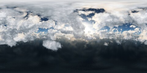 Naklejka na ściany i meble Panorama of clouds, HDRI, environment map , Round panorama, spherical panorama, equidistant projection, panorama 360, flying above the clouds