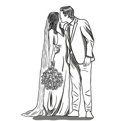 Men embrace beloved woman,holding beautiful rose bouquet.Line drawn,couple of love,decoration frame with colorful roses,wedding card,creative with illustration in flat design,free space for your text.