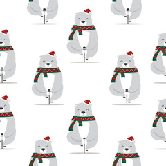 Cute bear with santa hat on a bicycle sameless pattern