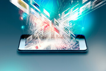 Metaverse, Encrypted mobile data from a smartphone, 5G, steaming service mobile internet web communication security and safety business commercial concept: black glossy touchscreen smartphone 