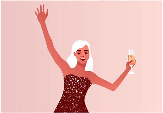 Woman celebrating New Year or Christmas. Lockdown or quarantine life. A girl in a shimmering party dress. Colorful vector illustration in modern flat style.