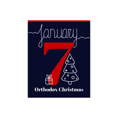 Calendar sheet, vector illustration on the theme of Orthodox Christmas on January 7. Decorated with a handwritten inscription JANUARY and Christmas tree and gift. 