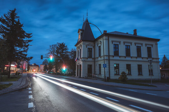 Lesko town hall at evening
