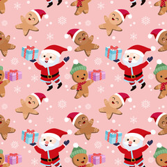 Santa claus and gingerbread cookies holding gift on snow background seamless pattern.