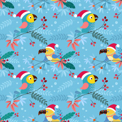 Cute toucan bird wear Christmas hat on branch seamless pattern.
