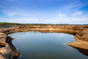Fototapeta na wymiar On the Mekong River bordering Thailand and Laos, the water is dry until it forms a tall rocky pit where people can see