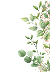 Watercolor floral frame card with gold elements. Hand draw painted border with branches, leaves isolated on white background. Trendy template