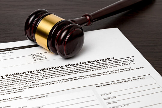 Bankruptcy Petition For Individuals With Gavel. Concept Of Financial And Unemployment Crisis, Personal Debt, Economy And Recession. 