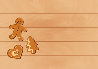 Christmas gingerbread cookies on the table top view vector. Christmas gingerbread cookies on a wooden background vector. Christmas wooden background with copy space for text vector. Xmas wood frame
