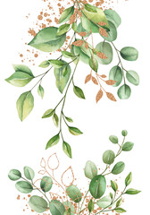 Watercolor floral frame card with gold elements. Hand draw painted border with branches, leaves isolated on white background. Trendy template