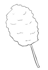 Candyfloss on a stick, airy caramel like a cloud. Freehand outline drawing, vector.