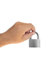 Hand holding metal padlock on white background