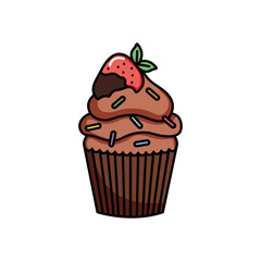 chocolate cupcake with decorative chips and strawberry, colorful design