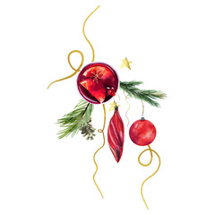 Watercolor christmas drinks clipart, Red wine in glass with spices, mulled wine and christmas wreath