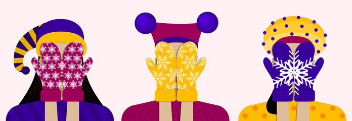 Young girls hides her face with mittens with snowflakes. vector illustration.