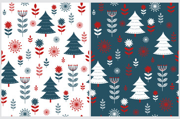 Cute Christmas Holidays Seamless Vector Patterns Set. Scandinavian Style Winter Forest Print ideal for Fabric, Christmas Decoration. Flowers and Trees on a White and Tidewater Green Background.