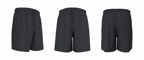 Blank sweat shorts mockup in front, back and side views. 3d rendering, 3d illustration.