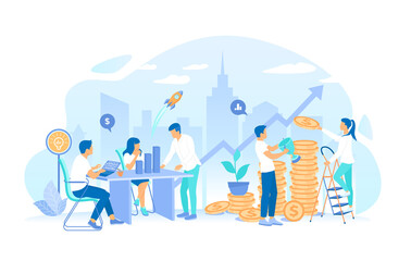 Business team working together on financial success strategy. Startup, new idea and stacks of coins. Investment, strategic management. Working process, teamwork communication. Vector illustration 