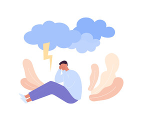 Sad and depression concept. Vector flat people illustration. Man sitting in lonely depressed pose. Cloud with lightning sign. Symbol of negative emotion, grief, ptsr, sorrow, mental disorder.