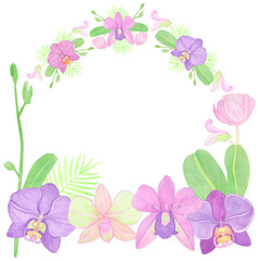 Obraz na płótnie Canvas Watercolor frame border orchid elements with flowers and leaves