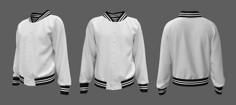 Varsity Jacket mockup in front, side and back views. 3d illustration, 3d  rendering ilustración de Stock | Adobe Stock