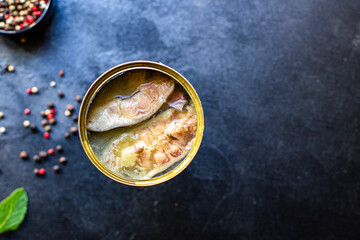 canned fish seafood are ready to eat on the table serving healthy meal snack ingredient top view copy space for text food background diet pescetarian