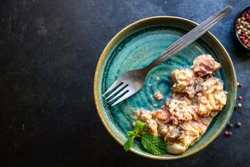 canned fish seafood are ready to eat on the table serving healthy meal snack ingredient top view copy space for text food background diet pescetarian