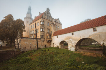 Olesnica Castle in fog