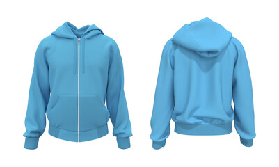 Blank hooded sweatshirt  mockup with zipper in front, and back views, isolated on white  background, 3d rendering, 3d illustration