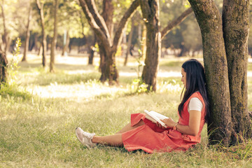 Chica leyendo un libro en el parque, sentada en el césped recargada de un árbol. 