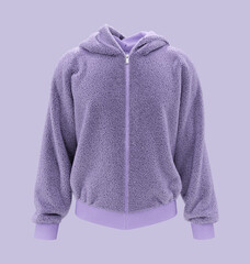 Fleece hooded sweatshirt  mockup with zipper in front view, isolated on purple background, 3d rendering, 3d illustration