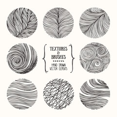 Hand drawn wavy linear textures made with ink. Artistic collection of graphic design elements. Swirl, circle, wavy stripe, abstract line, organic background, geometric pattern. Isolated vector set.