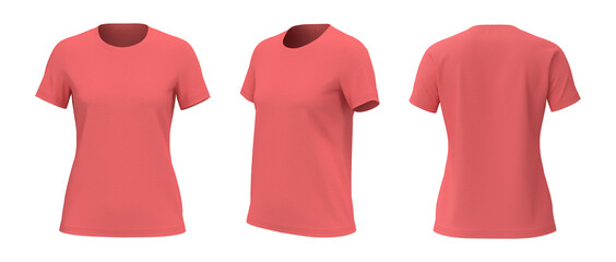 Women's crewneck t-shirt mockup, front, side and back views, design presentation for print, 3d illustration, 3d rendering