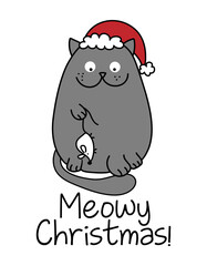 Meowy Christmas  - Cute gray cat with white mouse gift and Santa hat, Meowy Catmas cartoon vector doodle illustration. Funny doodle animal.