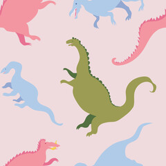Cute vector seamless pattern with colorful dinosaurs on pastel pink background. Cool dinos, for kids, playful, kawaii reptiles in pastel colors, velociraptor, brontosaurus.
