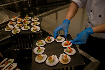 Food Buffet in Luxury Restaurant. Buffet Catering Food Arrangement on Table. The catering wedding buffet for events. dinner cocktail.