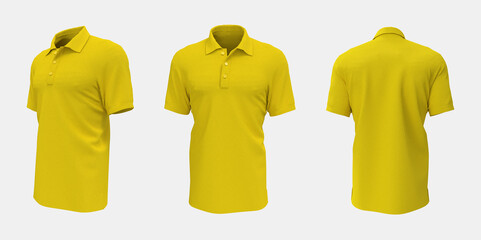 Blank collared shirt mockup, front, side and back views, tee design presentation for print, 3d rendering, 3d illustration