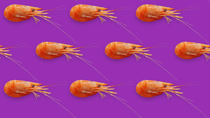 Juicy fresh shrimp seamless pattern isolated on purple background. Place for your text. Seamless pattern of shrimps on a purple background. Background texture of seafood shrimps.