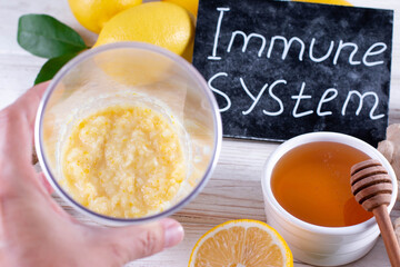 Homemade lemon, ginger and honey. Healthy food and natural products to support the immune system in winter