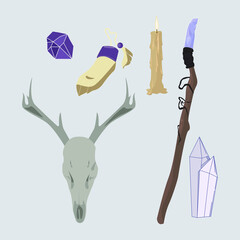 witch items,Seth is waiting for Halloween. magic items attributes of the festival of the dead and ghosts,vector illustration of a Ouija Board,a demon,a candle,a diamond,deer skull,rabbit's foot