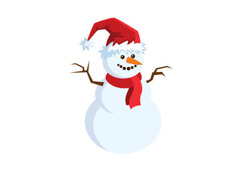 Snowman with red scarf and santa hat icon vector. Cheerful snowman with carrot vector illustration. Cute snowman icon isolated on a white background