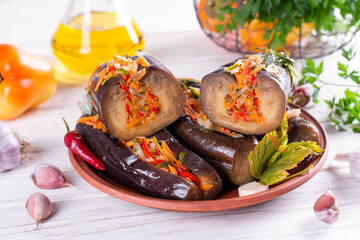 Traditional Azeri pickled eggplants famous in Southern Azerbaijan on a table