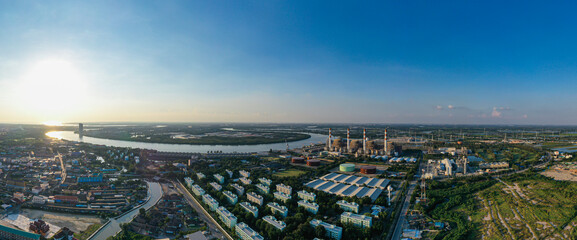 Panorama aerial view morning time scene of gas power plant. Thermal power plants and fuel oil, Bang Pakong power plant. 