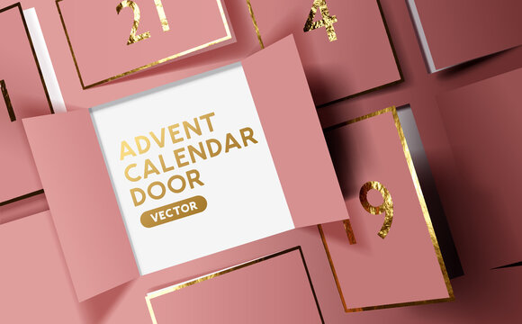 Christmas advent calendar door opening to reveal a message. Realistic festive vector illustration.