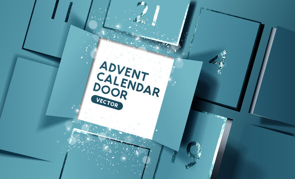 Christmas advent calendar door opening to reveal a message. Realistic vector illustration.