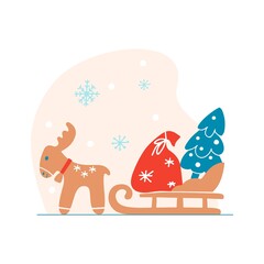 Hand drawn Merry Christmas clipart with deer, snowflakes, sled, tree, bag on white background. Vector flat illustration. Design for greeting card, banner, web, sticker, posters, gift tags and labels