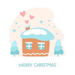 Hand drawn Merry Christmas clipart with house, snowflakes, hearts, trees on white background. Vector flat illustration. Design for greeting card, banner, web, sticker, posters, gift tags and labels